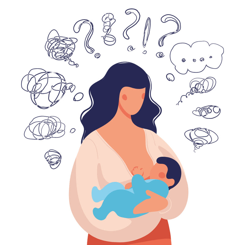 Illustration of a woman breastfeeding, surrounded by question marks