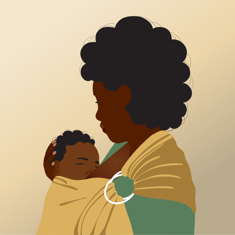 Illustration of a mother using a ring sling to babywear