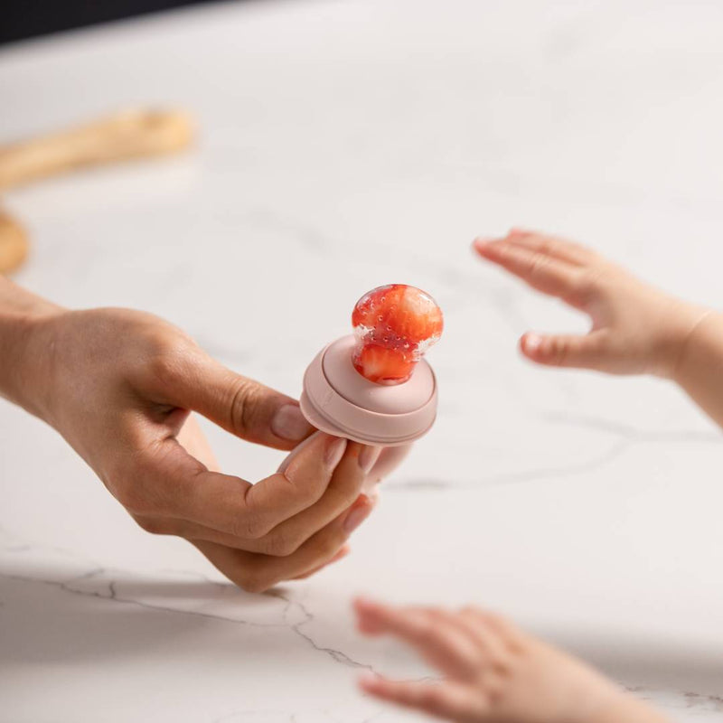 A mother hands her child a Haakaa Fresh Food Feeder with fresh strawberries in the pouch