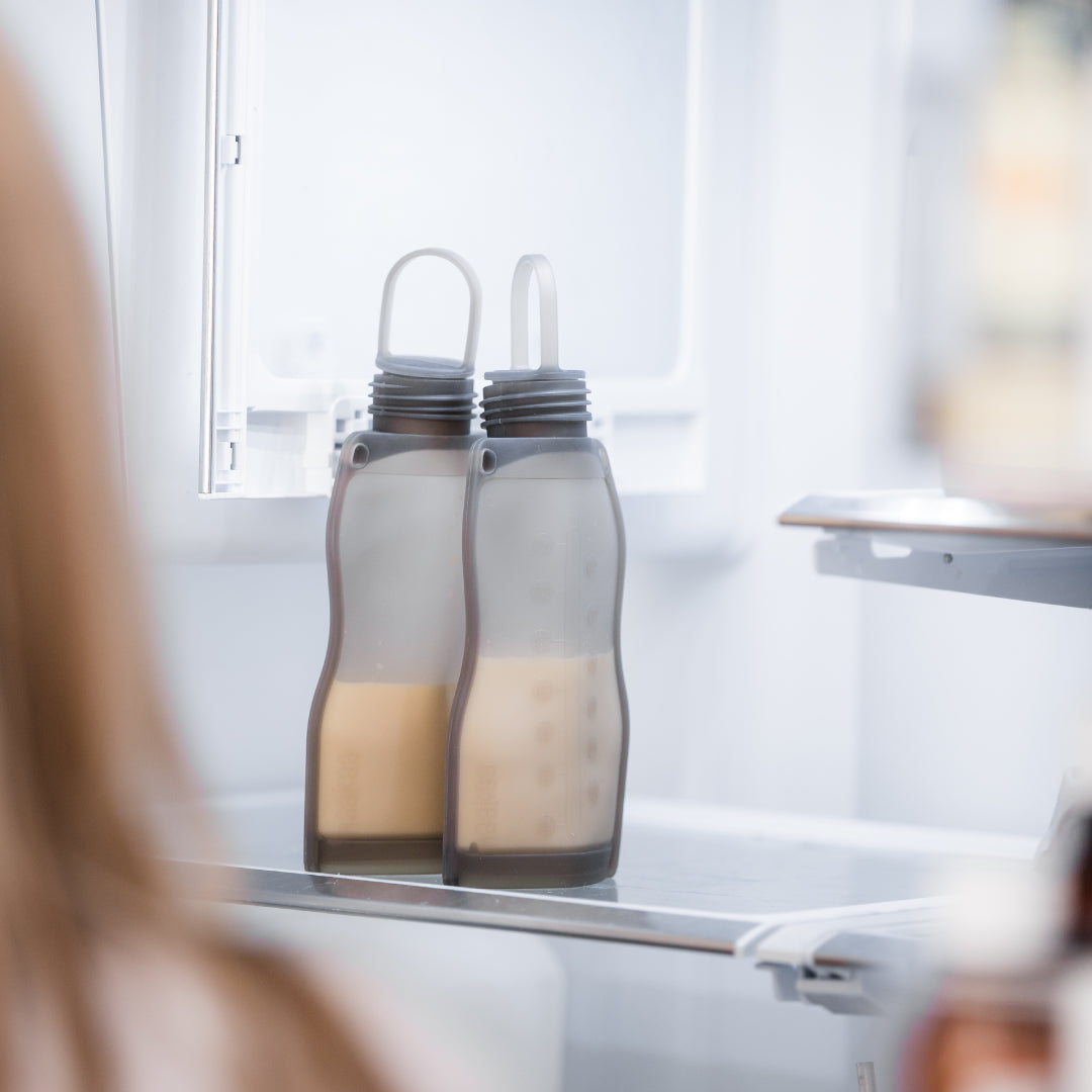 Breastmilk stored in Haakaa Milk Storage Bags in the fridge waiting to be used