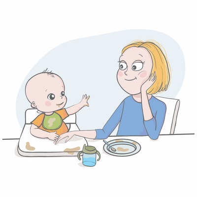 Illustration of a mother feeding her baby in a highchair