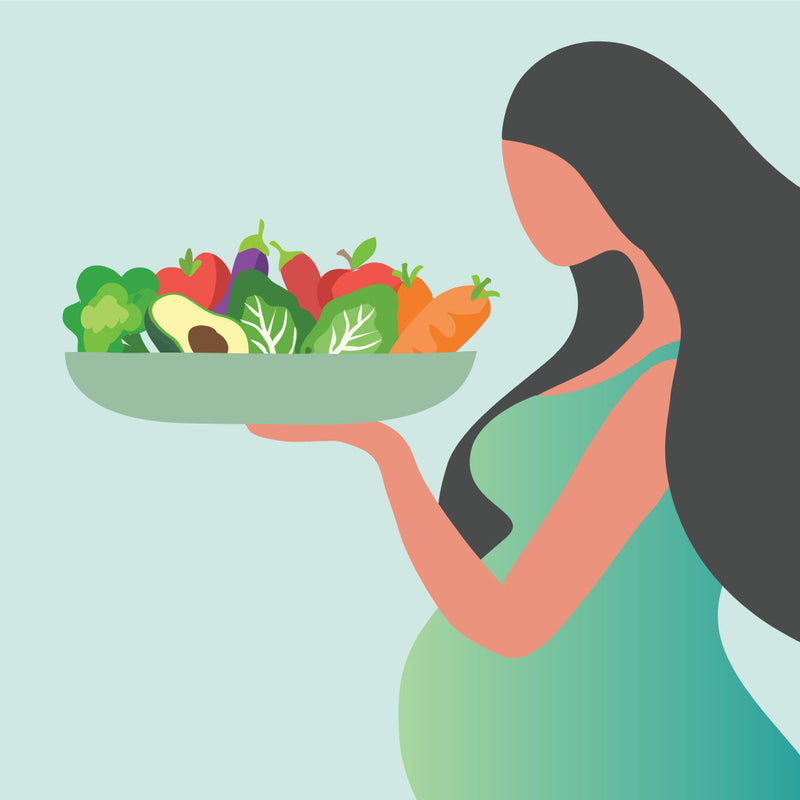 Illustration of a pregnant woman holding a large bowl of fresh fruits and vegetables