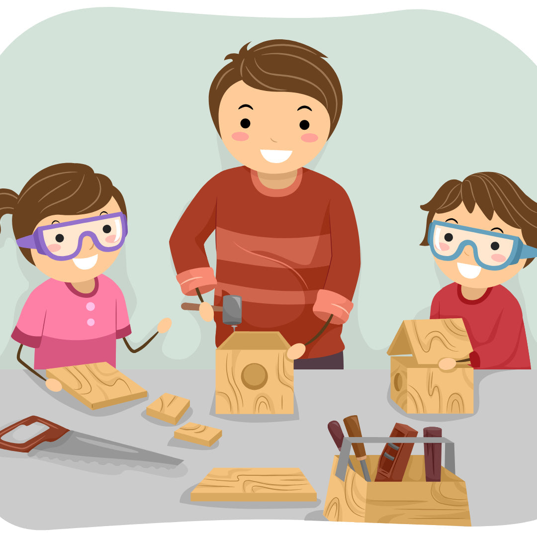 Illustration of two children having arts and crafts time with their parent